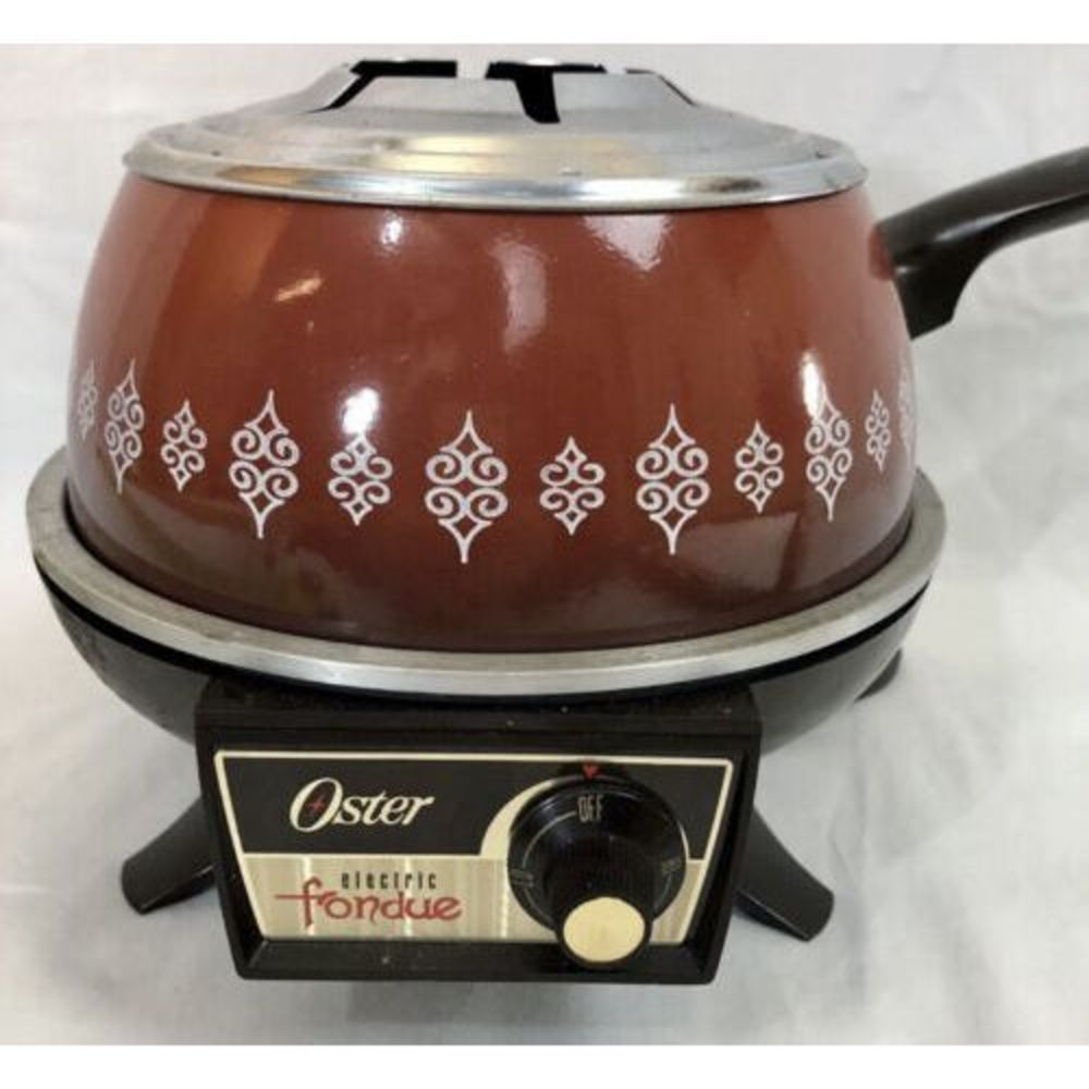 Vintage 70’s Oster Electric Fondue pot  Flame Red with Hot Plate w/ 7 Forks